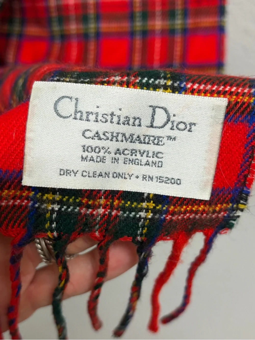 VTG Dior Red Tartan Plaid Fringe Scarf